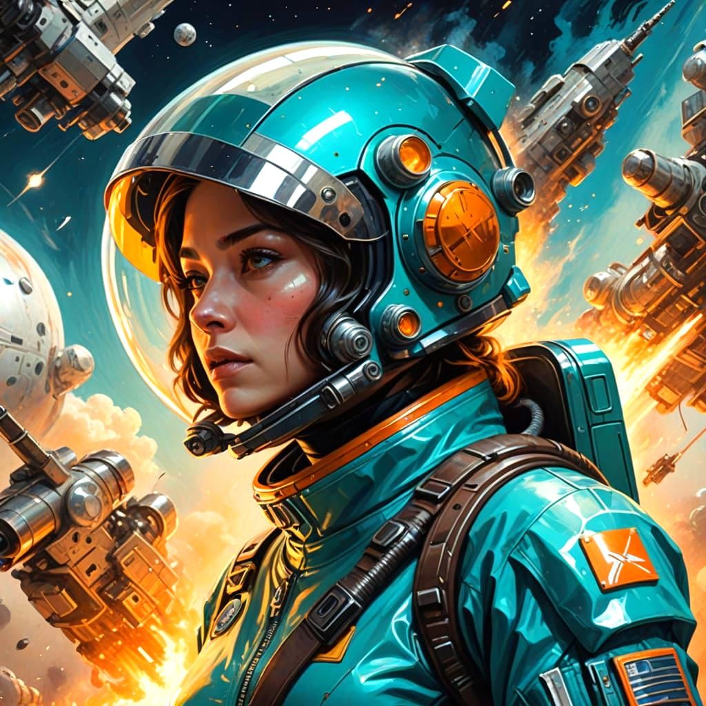 Retro-Futuristic Woman with Ray Gun in Oil Painting Style