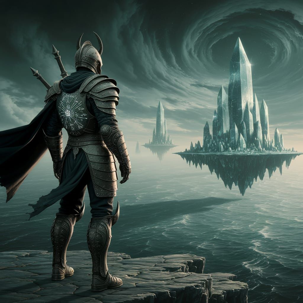 Armored Warrior on Cliff Overlooking Ethereal Ocean