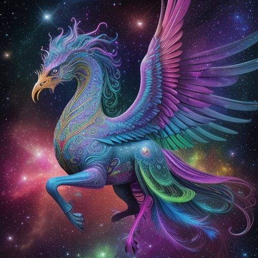 Cosmic Griffin in Vibrant, Rainbow-Colored Nebula