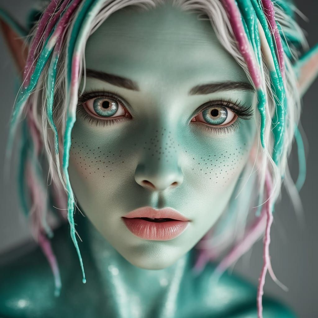 Turquoise Alien Portrait with Ink Hair, in Surreal Style