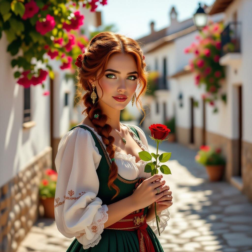 Vibrant Andalusian Woman with Fiery Hair and Rose