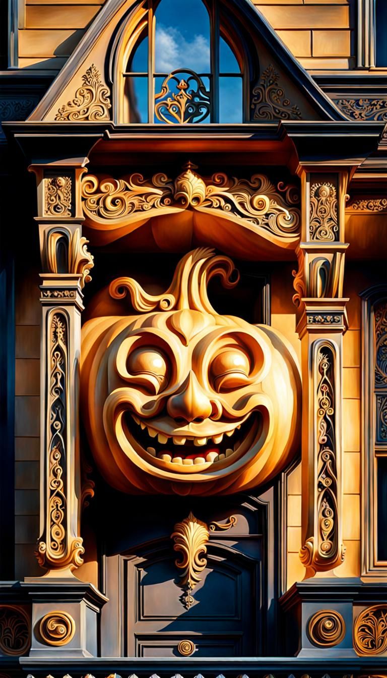 Ornate Smiling Pumpkin on Gothic House Porch