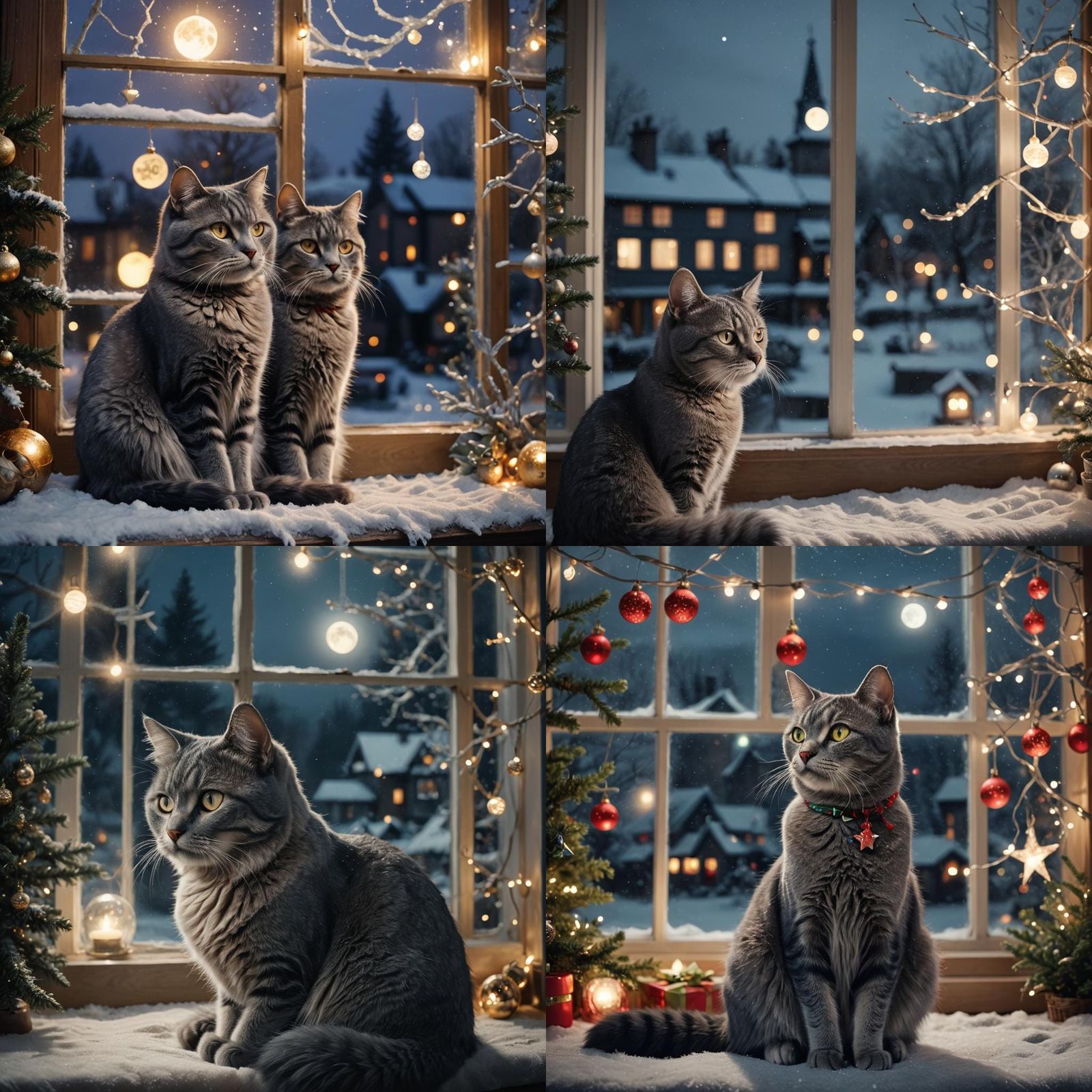 Grey Cat Gazing at Winter Moon: Cinematic Still