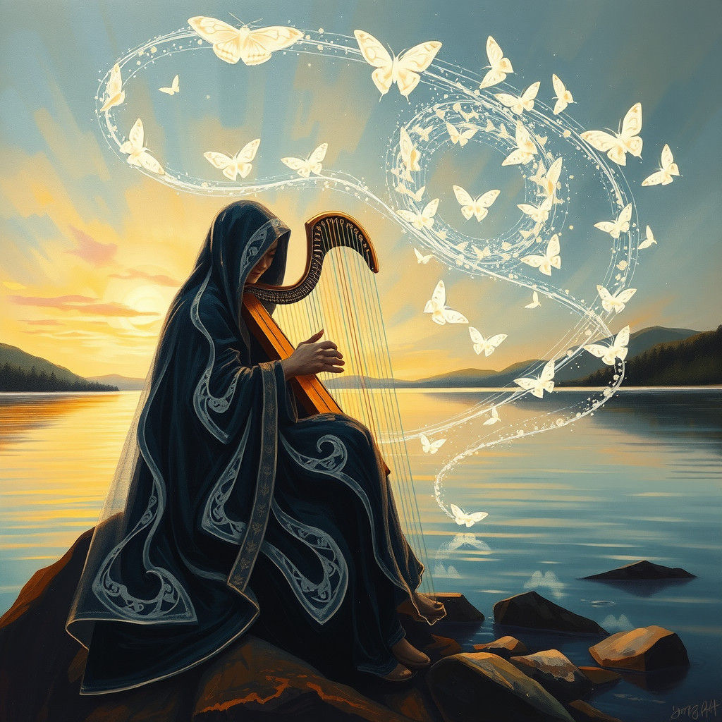 Celtic Harpist at Lakeshore with Moths, Art Nouveau Style
