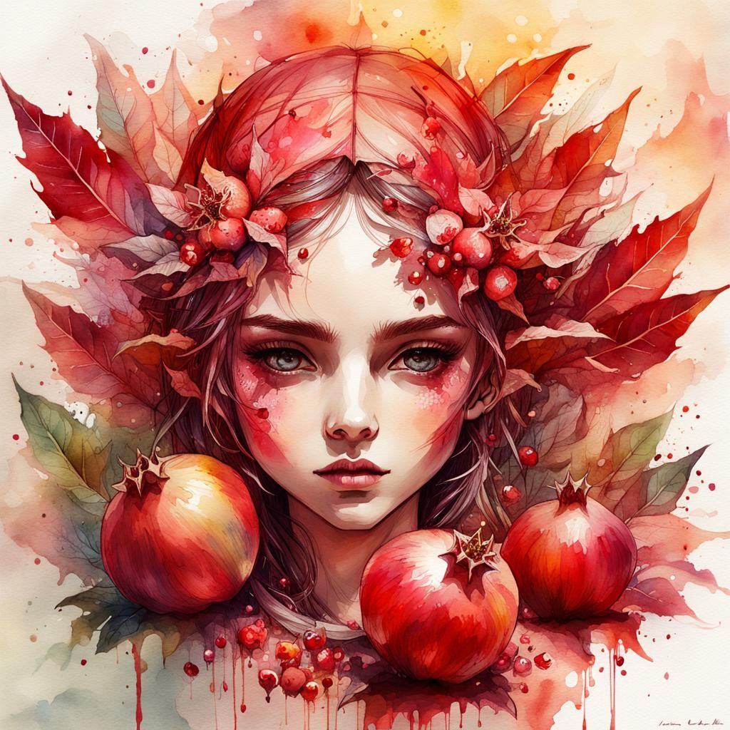 Pomegranate Elf Portrait in Digital Watercolor