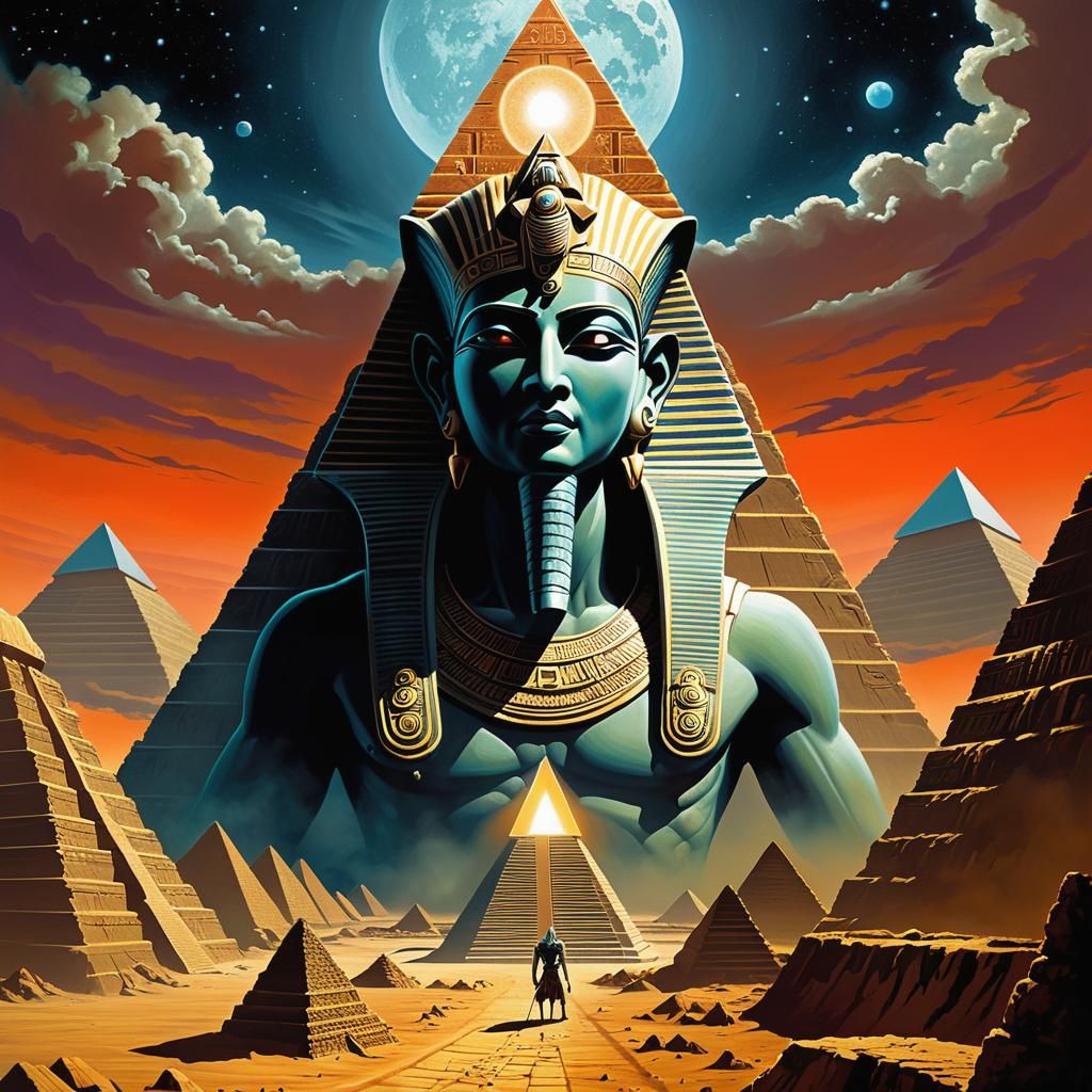 Anunnaki deity, pyramid backdrop
