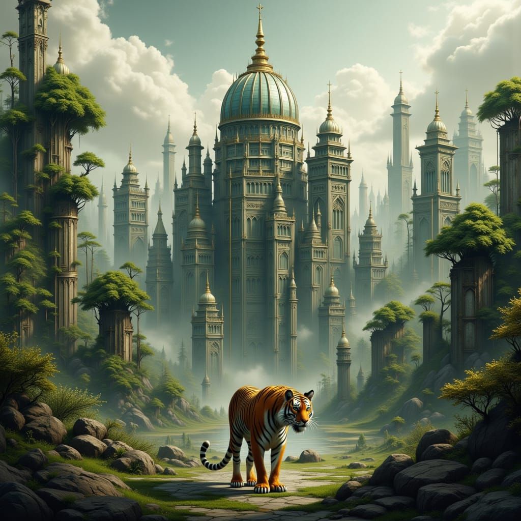 Tiger Portrait Before Greenhouse City