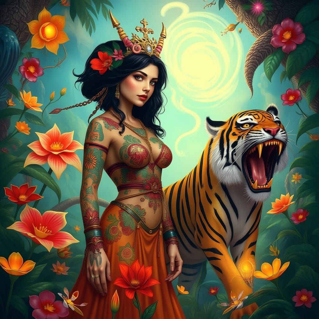 Tattooed Princess and Saber-Toothed Tiger in Fantastical Gar...