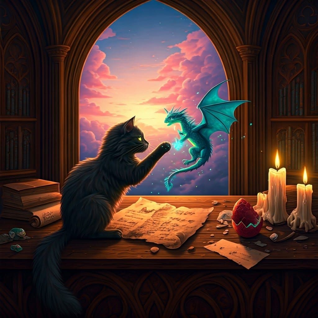 Black Cat and Dragon in Ornate Castle, Digital Art