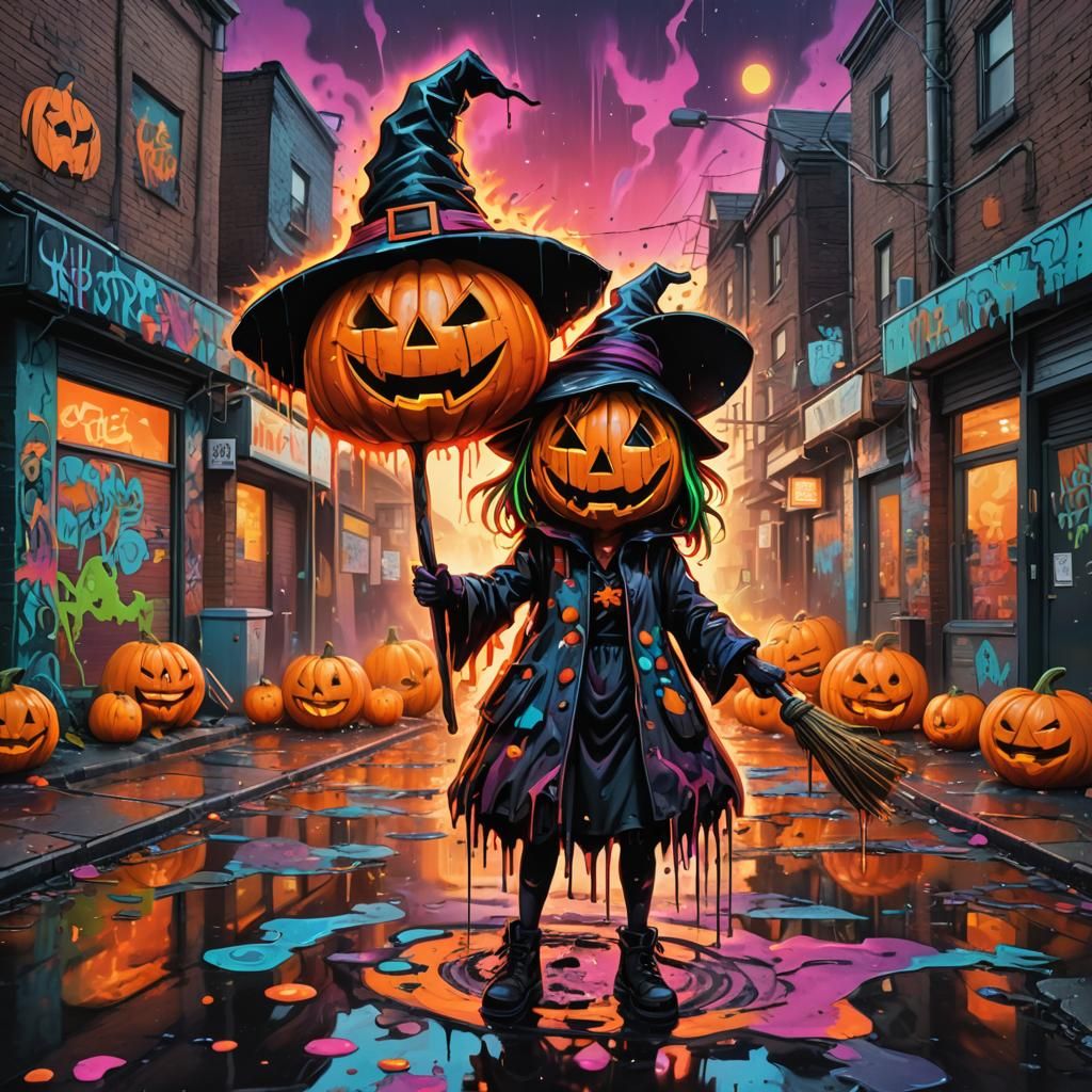 Cartoon Witch and Melting Graffiti in Splash Art