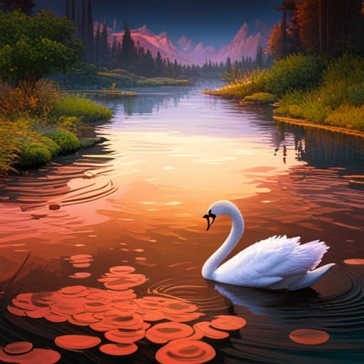 Swans in Pond: Hyperdetailed Concept Art