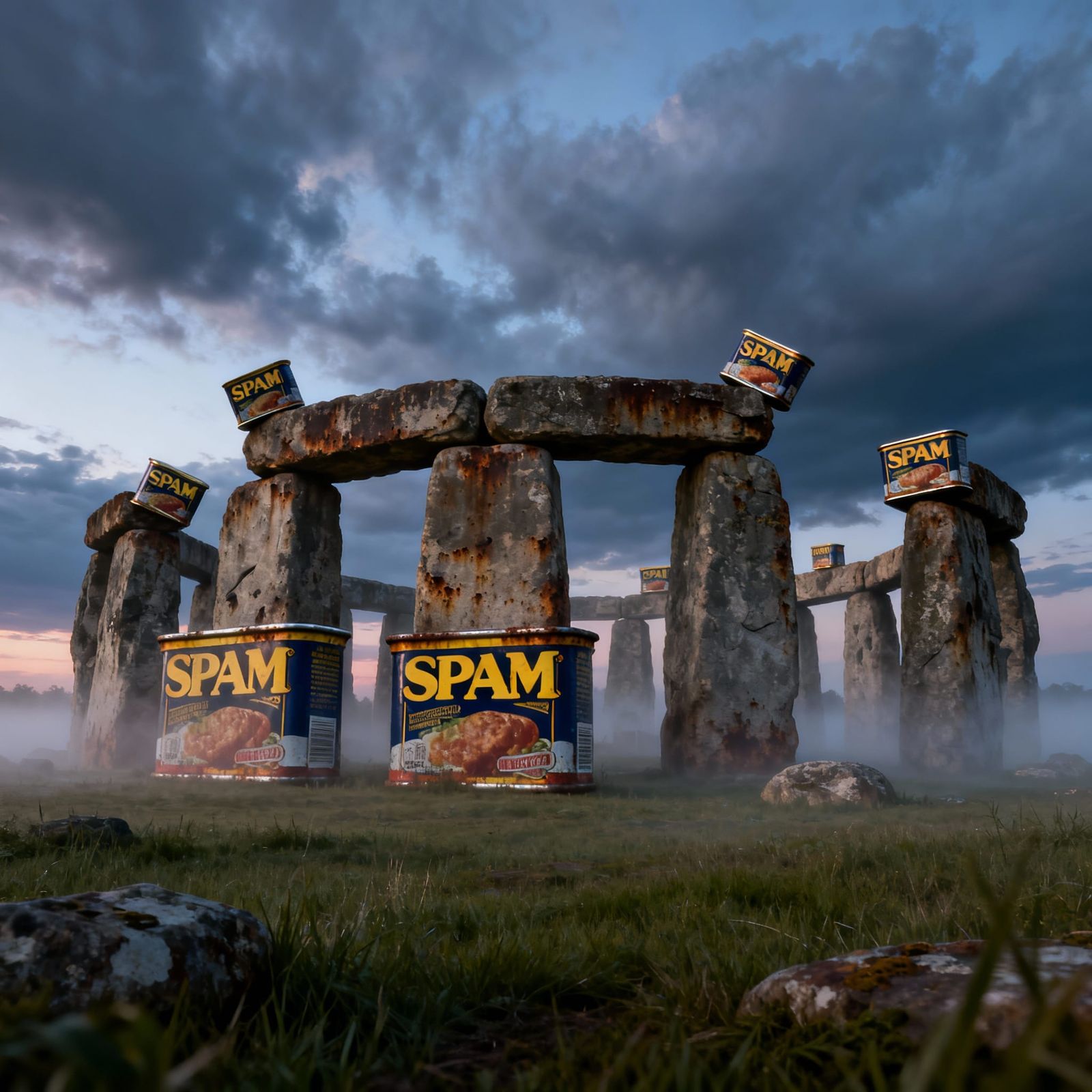 SPAMhenge Monument in Grassy Field At Twilight