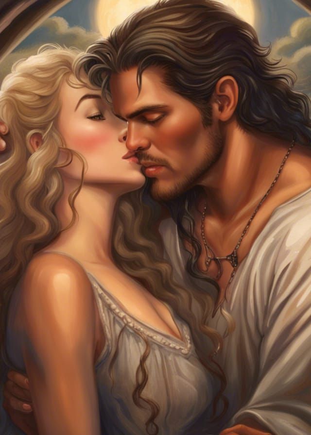 Romantic Couple Kissing on Moonlit Beach, Elaine Duillo Styl...