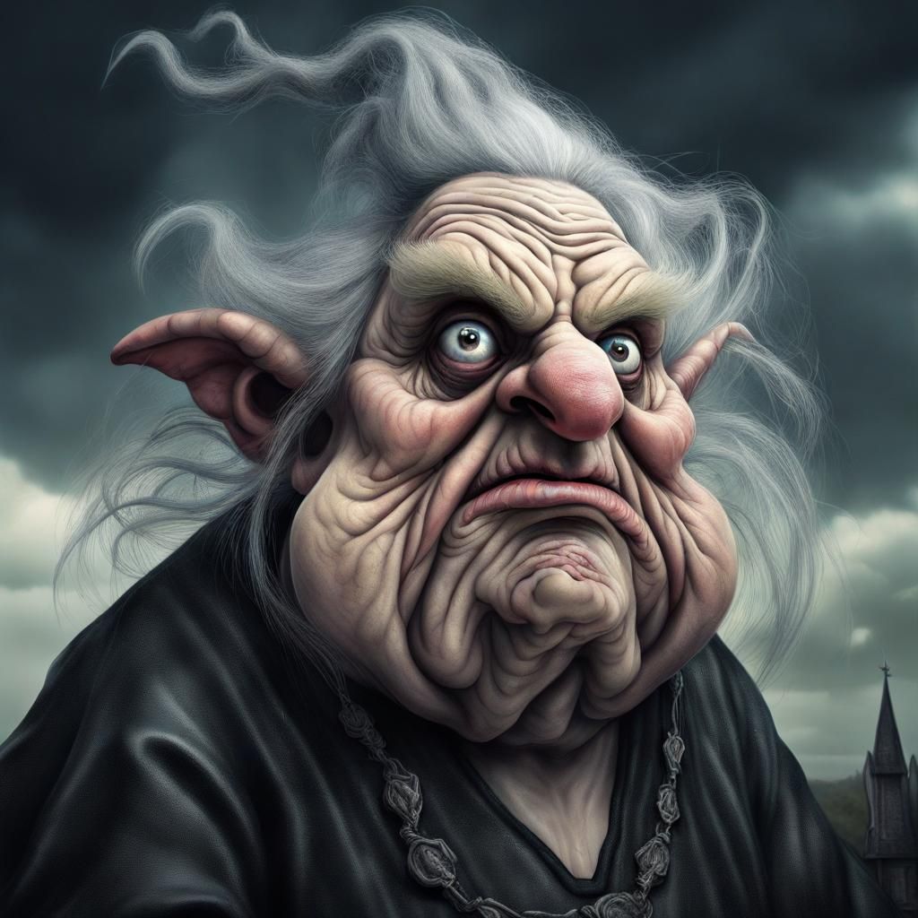 Craggy Witch Scowling in Hallucinatory Baroque Style