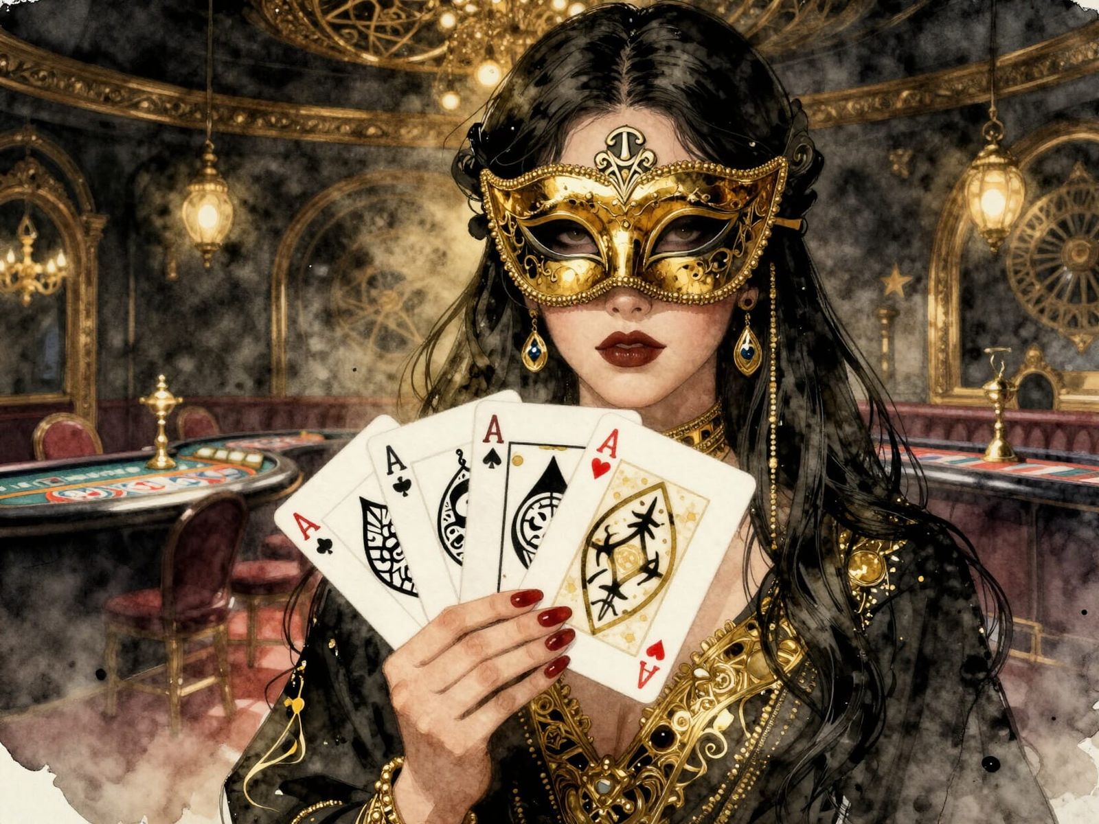 Mysterious Woman in Mask with Arcane Cards in Occult Casino