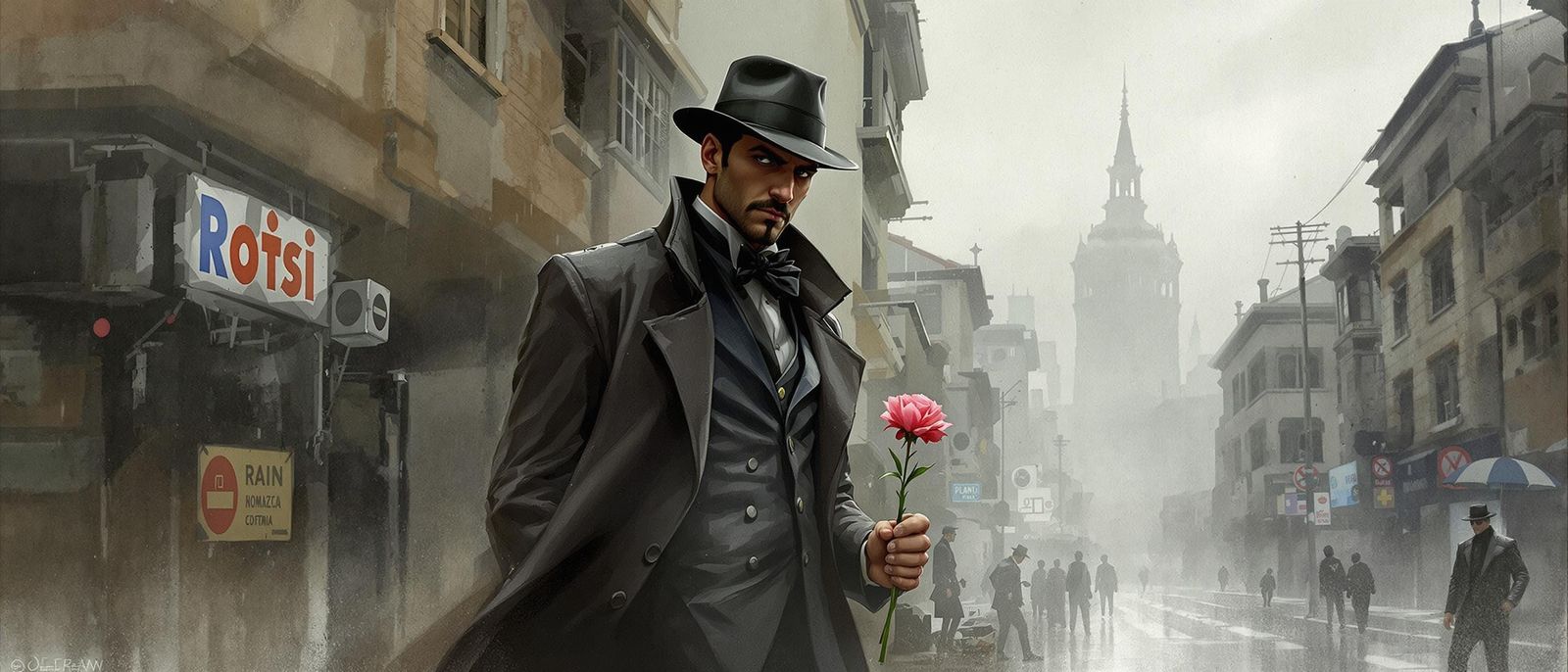 Mysterious Man in Wet-Wash Watercolour Cityscape