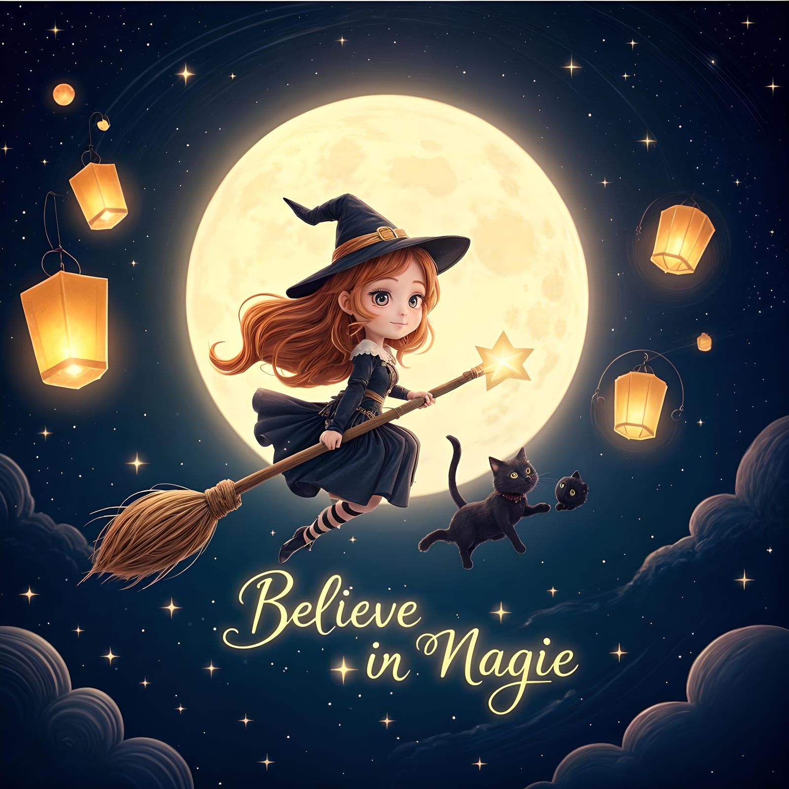 Chibi Witch Flying Under a Glowing Moon