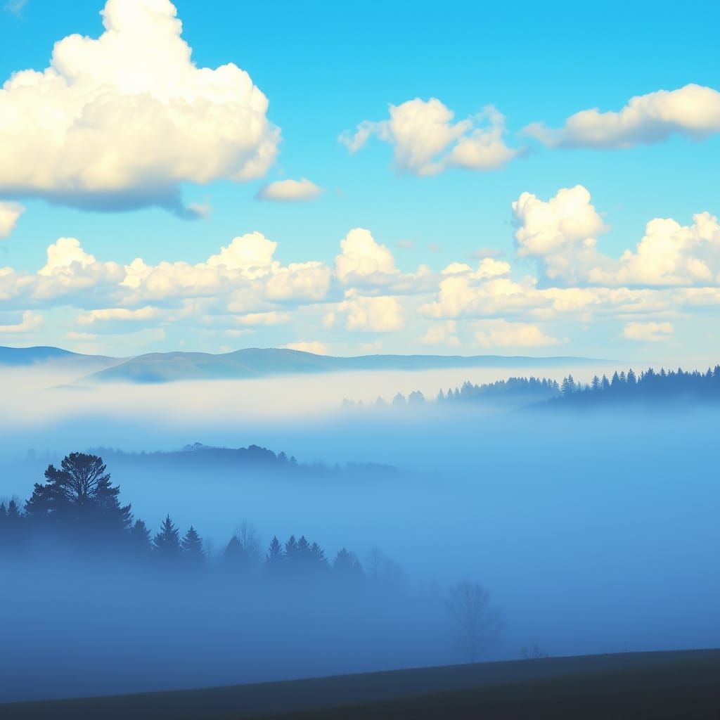 Foggy Landscape Reveals Brilliant Sky: Luminous Painting