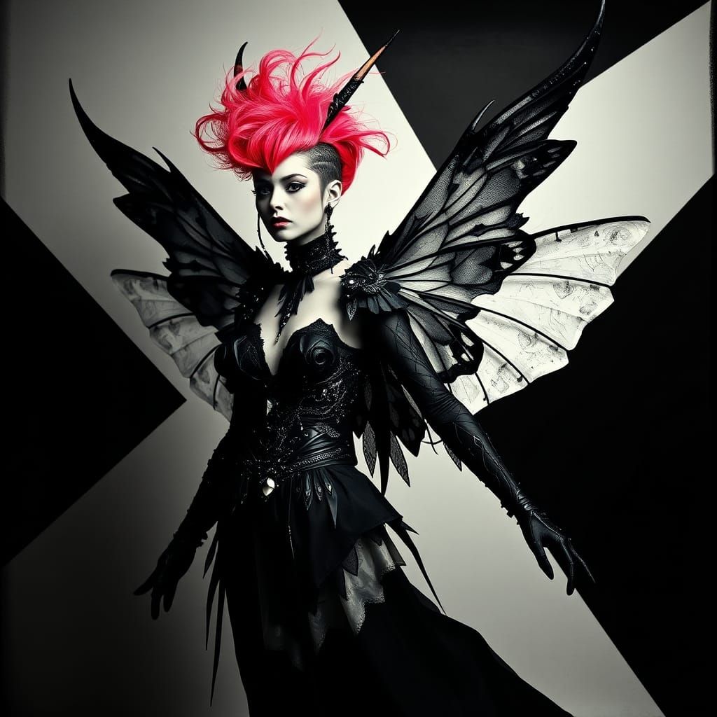 Goth Geometric Fairy in Black and White Photogram