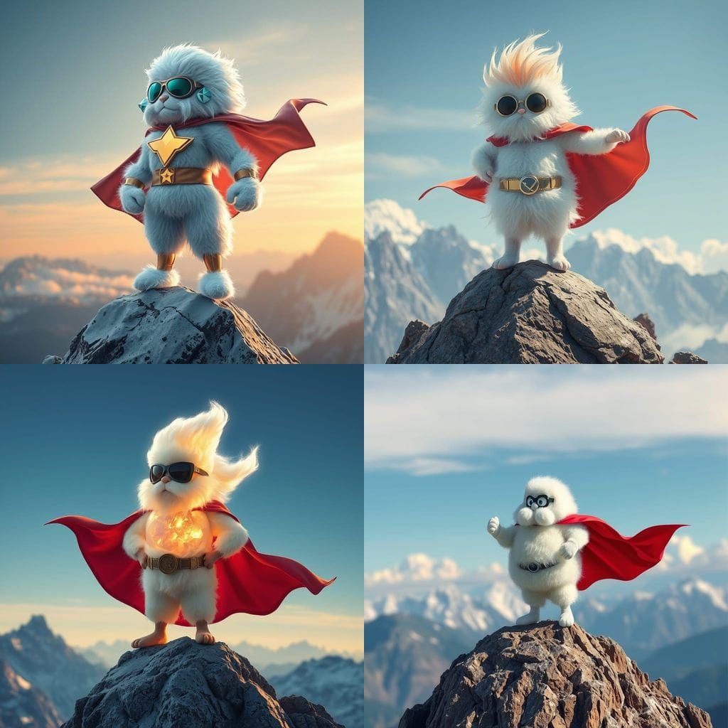 Fluffy Crystalized Superhero Soars on Mountain