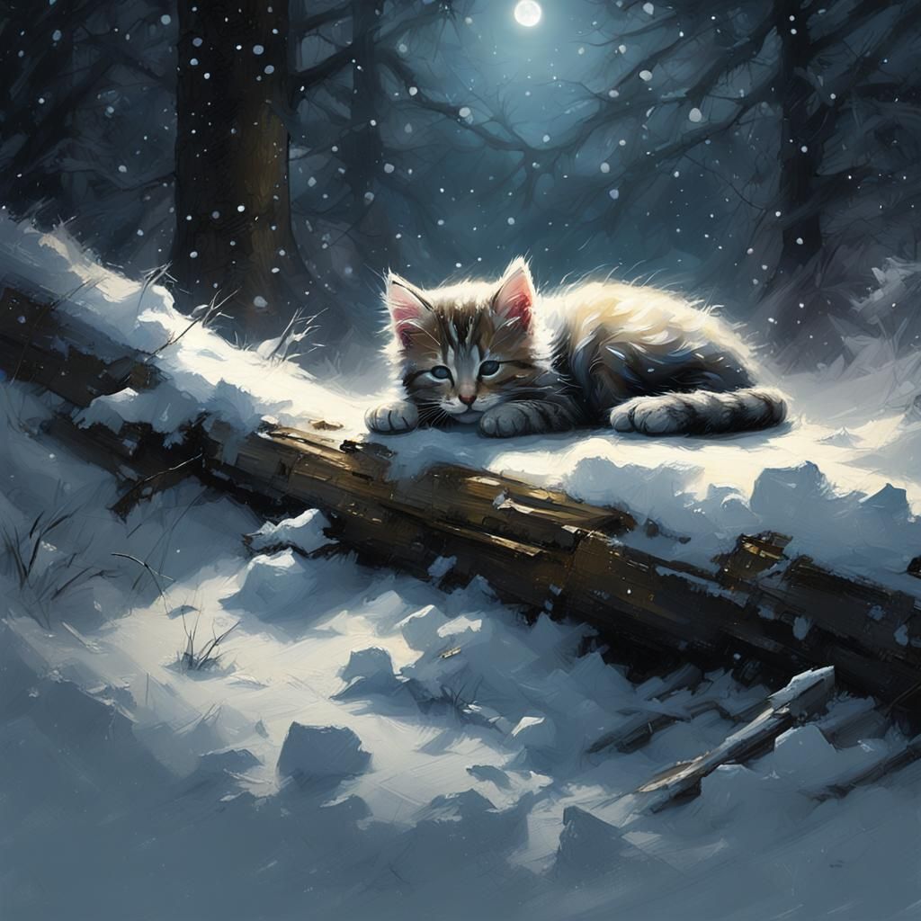 Kitten Sleeping in Snowy Forest at Night