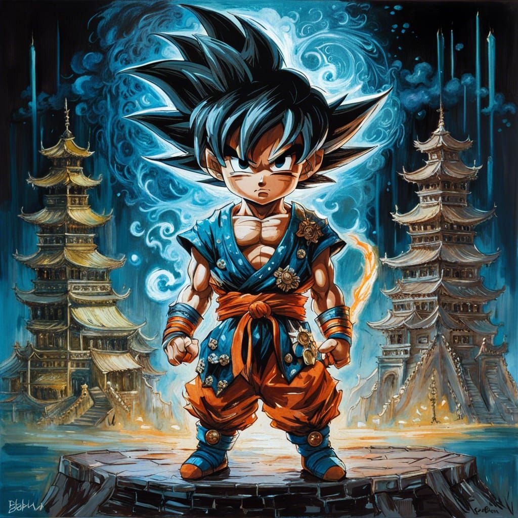 Bioluminescent Chibi Goku in Dark Fantasy Style