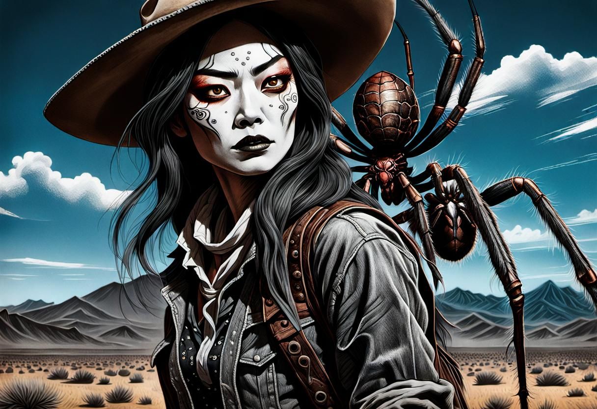 Wild West Jorōgumo Yokai Bounty Hunter Charcoal Drawing