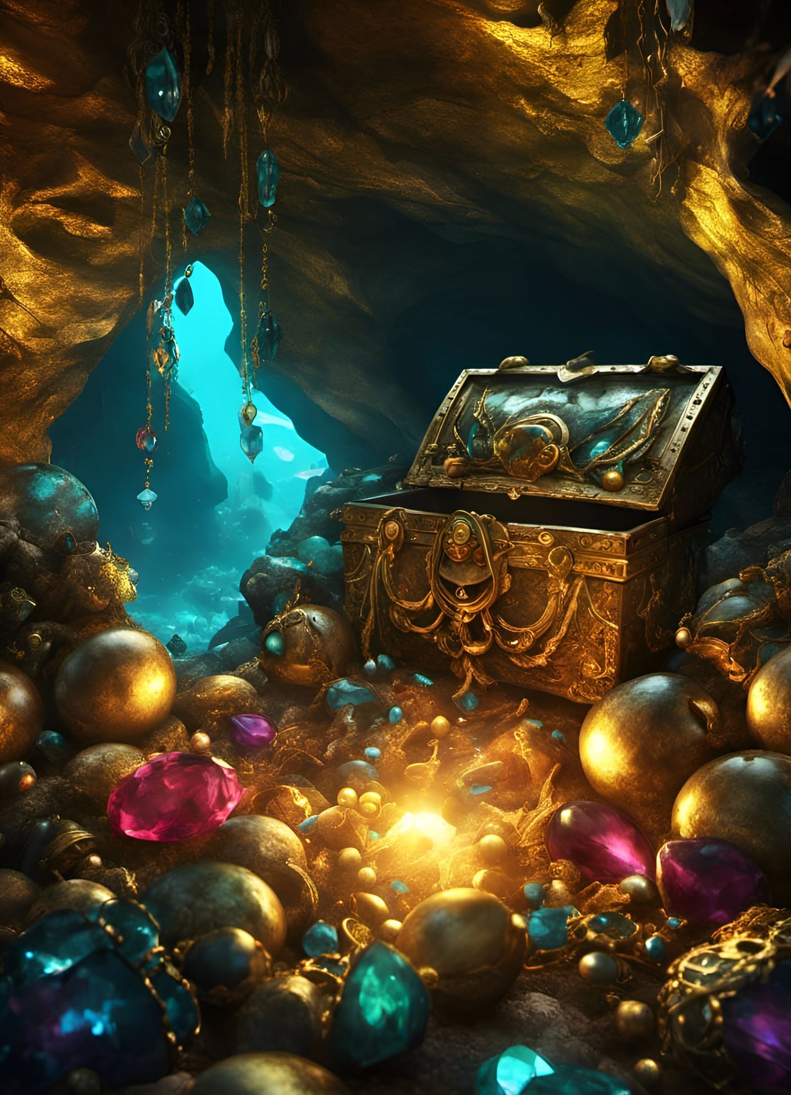 Bioluminescent Pirate Treasure Cave: Fantasycore Artwork