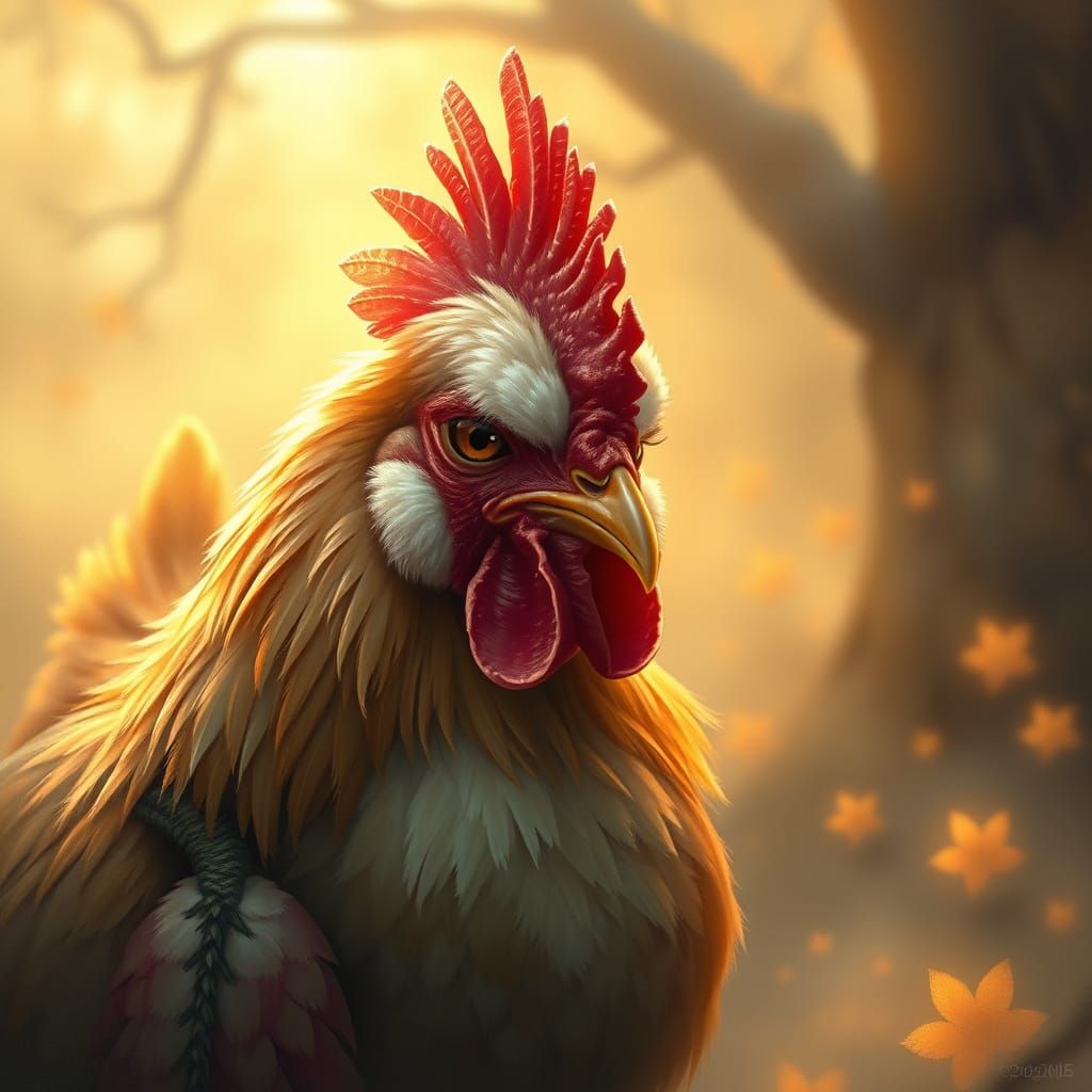 Grumpy Chicken in Misty Golden Light, Kinkade Style