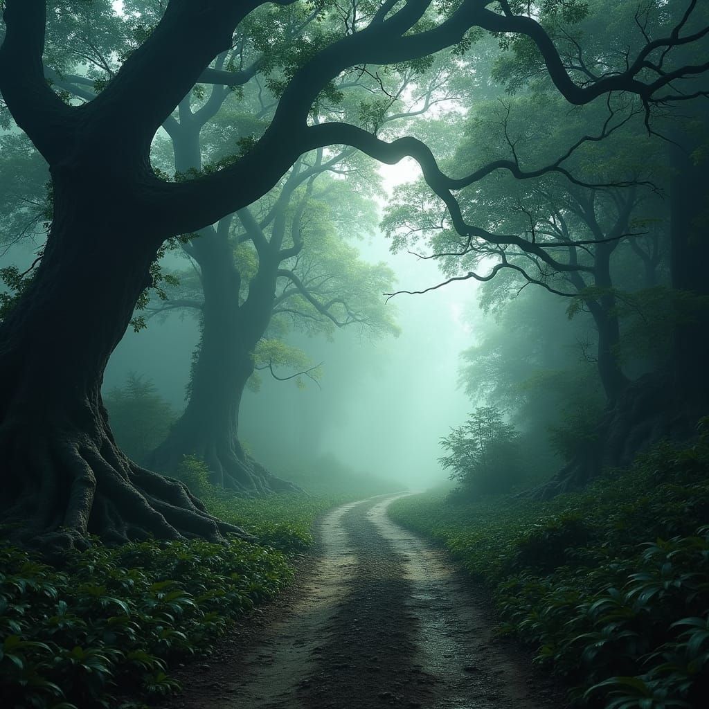 Mysterious Forest Crossroads in Dark Fantasy Style
