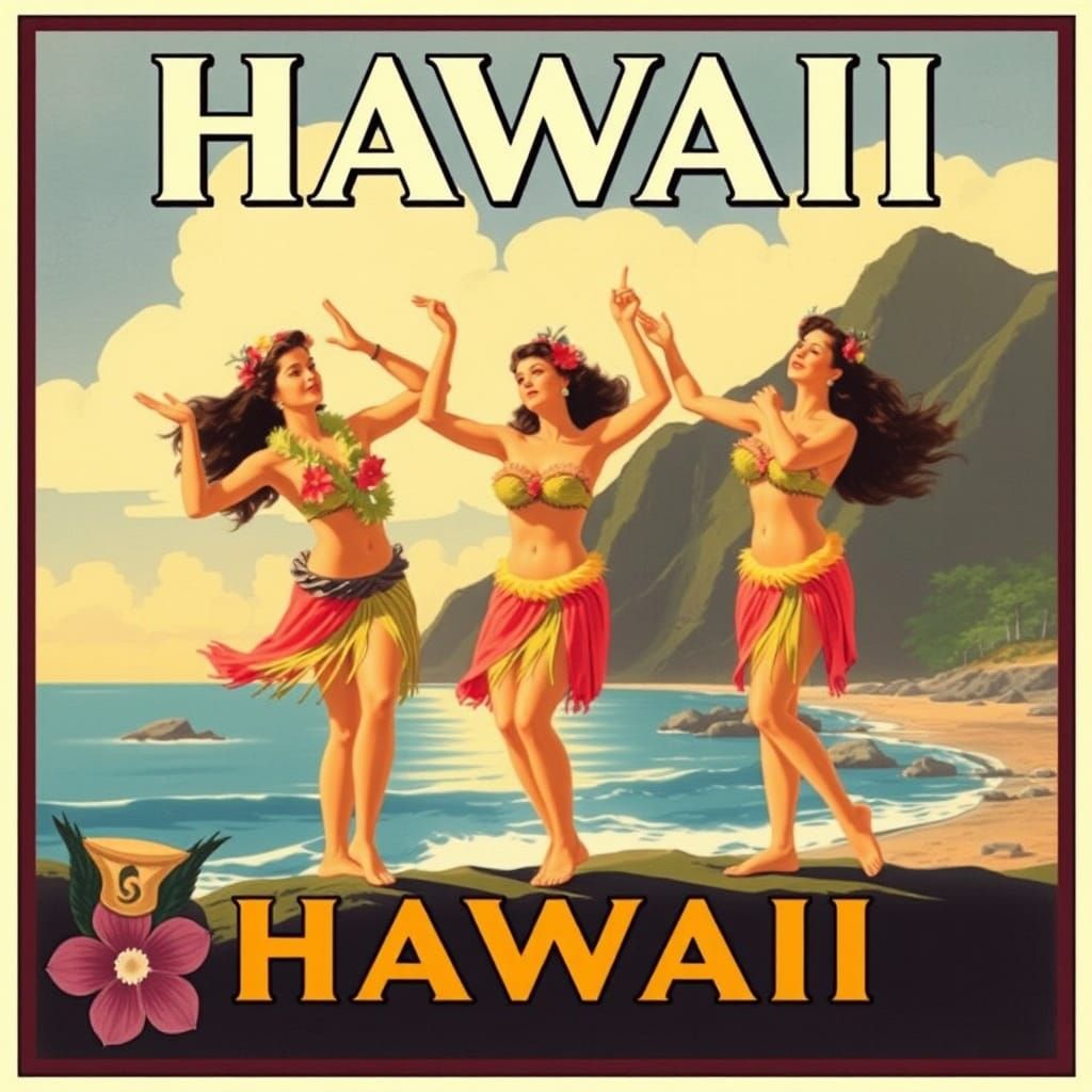 Vintage 1920s Travel Poster of Hawaiian Hula