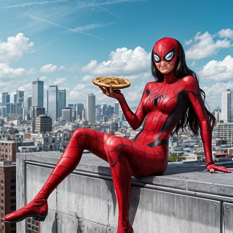 Spiderwoman eating pizza on a roof