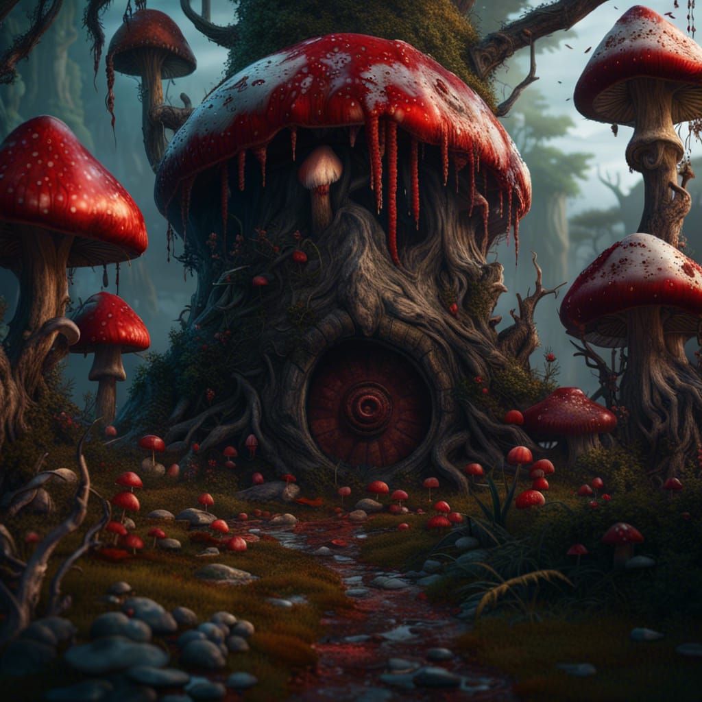 Surreal Eye Crying Blood in a Mushroom Landscape