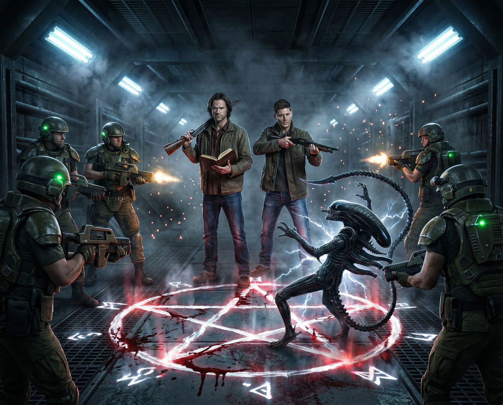 Supernatural Hunters Trap Xenomorph in Sci-Fi Corridor