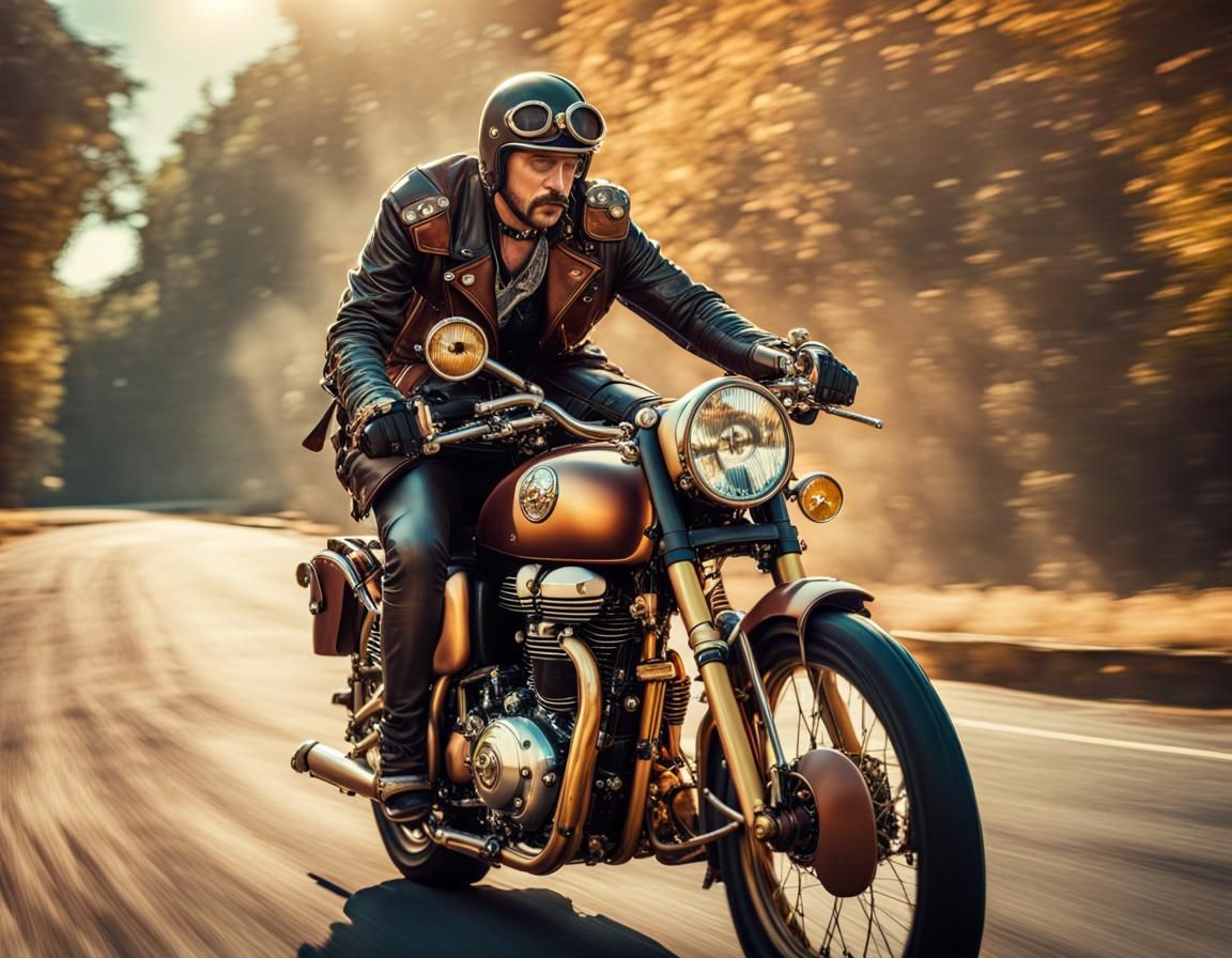 Steampunk Biker on Royal Enfield: Hyperrealistic Concept Art