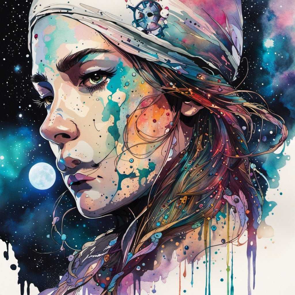 Cosmic Pirate Ship in Cyberpunk Art Nouveau Style