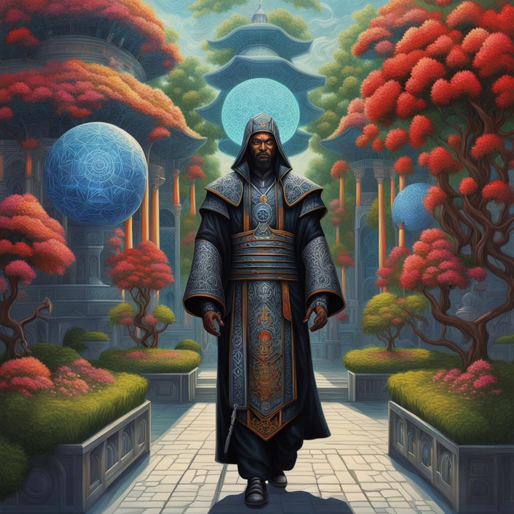 Sith Priest Cyborg Walks Cyberpunk Monastery Garden