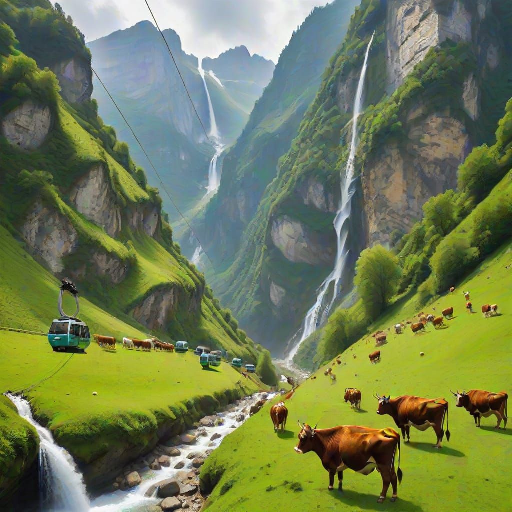 Cows Grazing in Valley Below Mountain Peaks with Cable Car