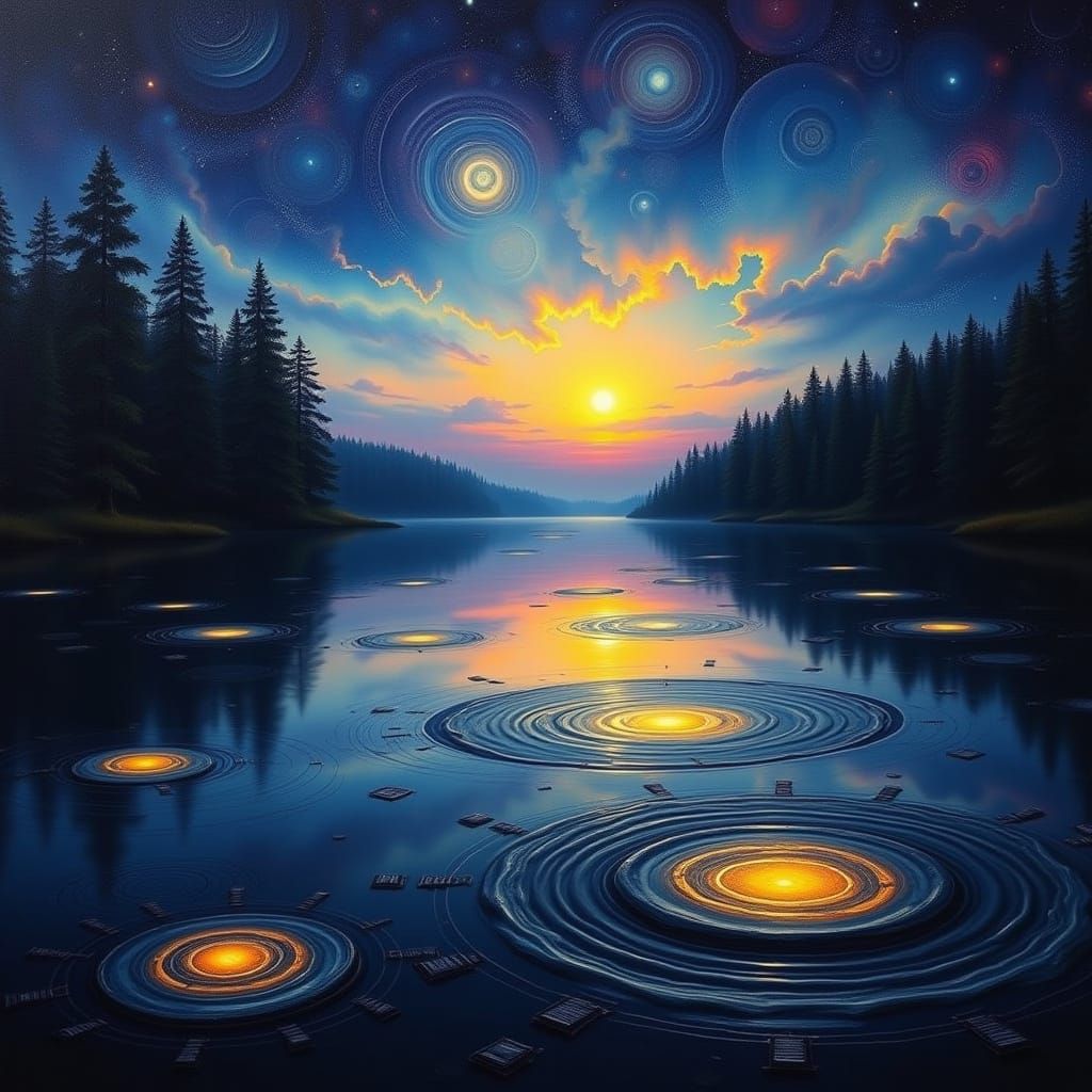 Surreal Twilight Lake With Abstract Reflections