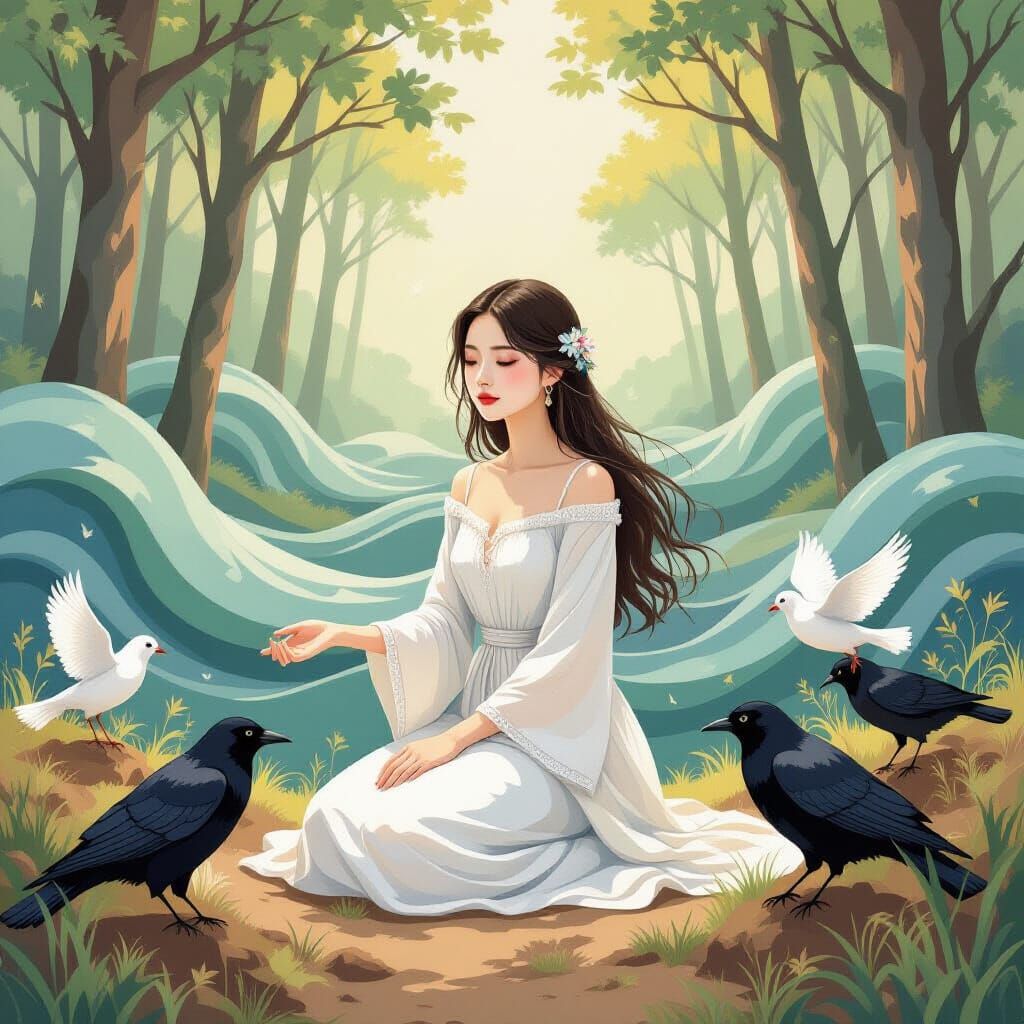 Dreamlike Landscape with Woman and Birds