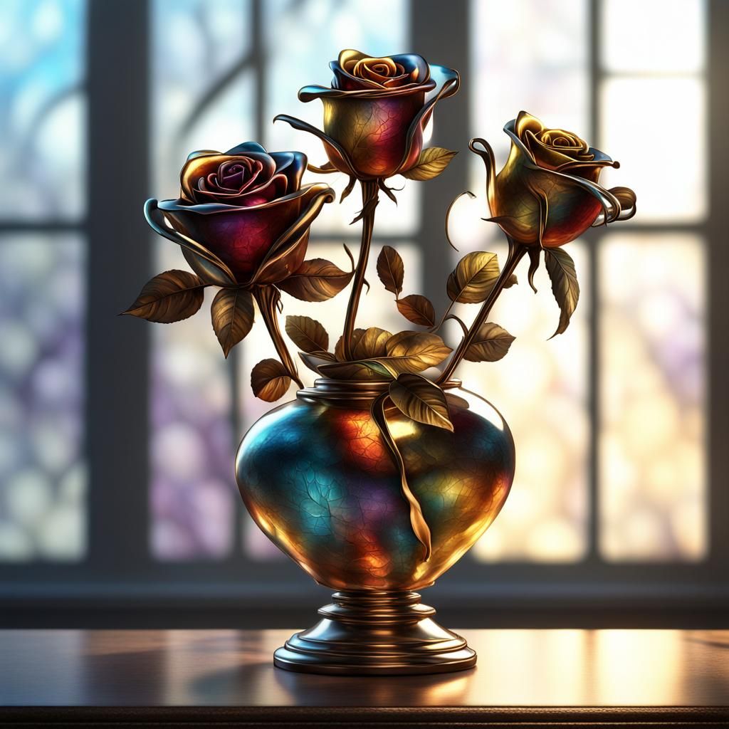 Metallic Roses in Glass Vase, Fantasy Concept Art