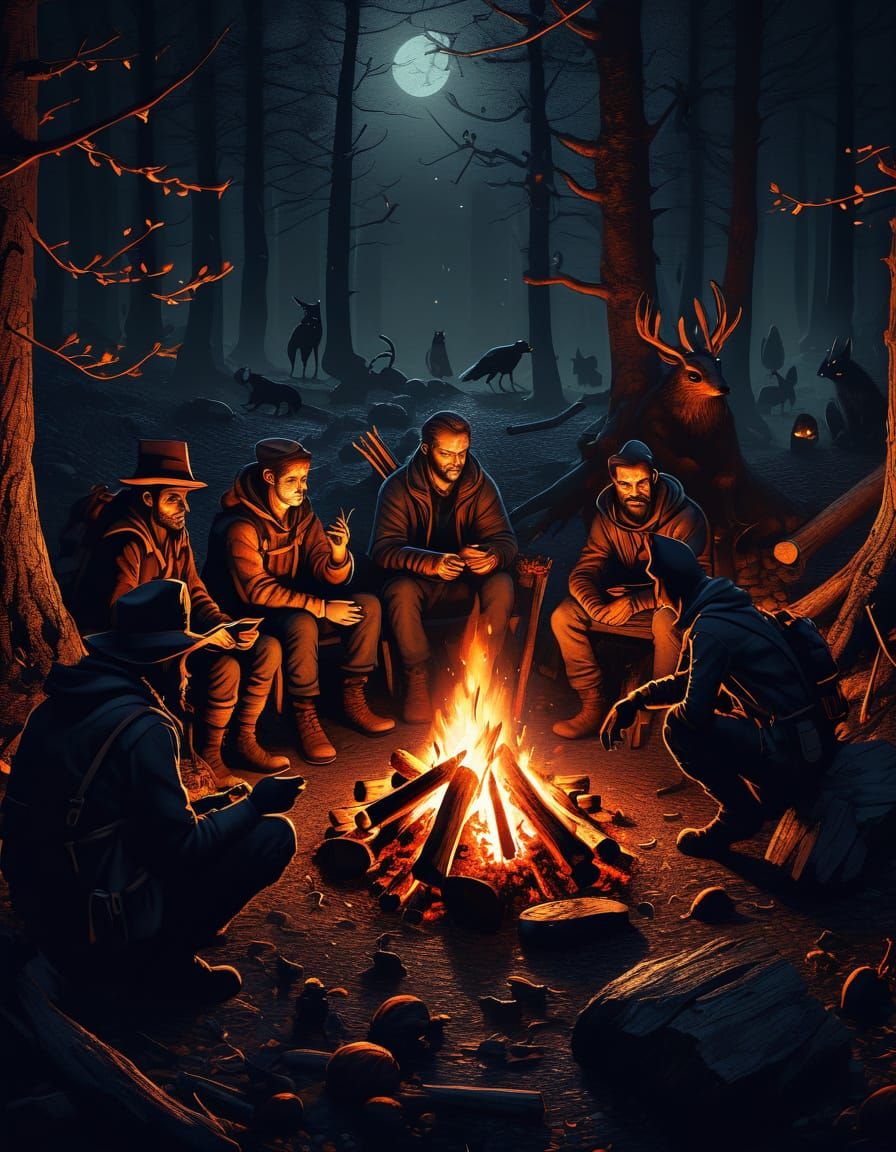 Nocturnal animals at a campfire 
🦉🦇🦝🦡🦨🦔 
Campfire Rebe...