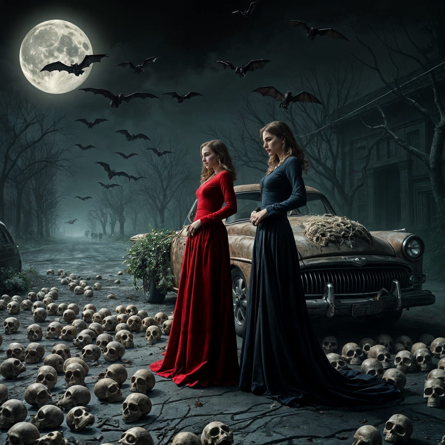 Eerie Scene with Women, Car Wreck, and Skulls
