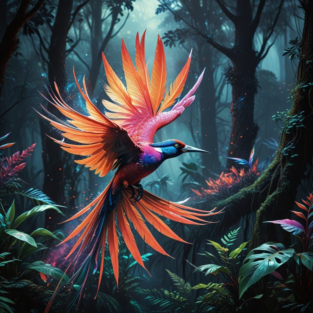Bird of Paradise in Dark Forest, Acrylic Art