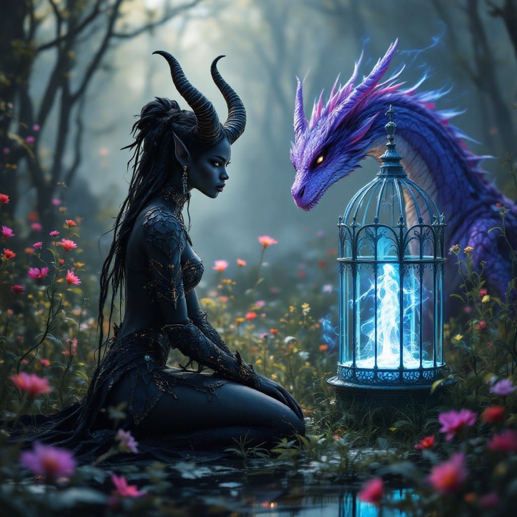 Elegant Tiefling in Majestic Swamp Landscape