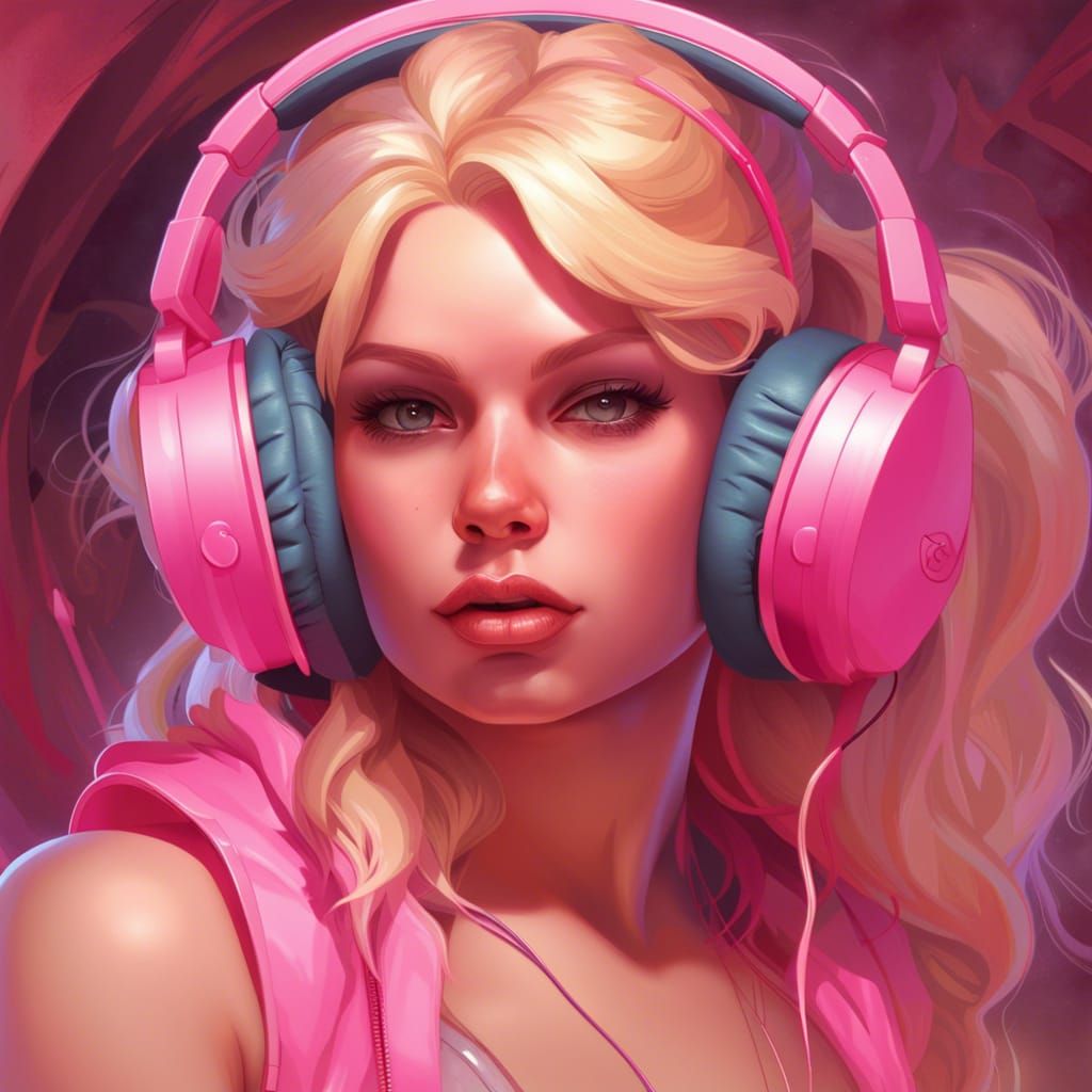 Blonde Woman Portrait with Pink Headphones, Detailed Art