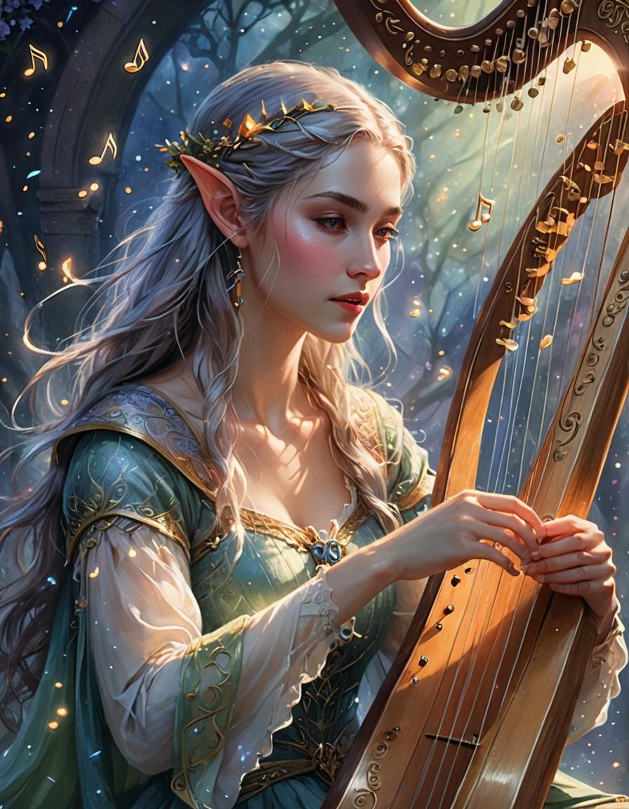 Ethereal Harpist Releasing Glittering Music Notes