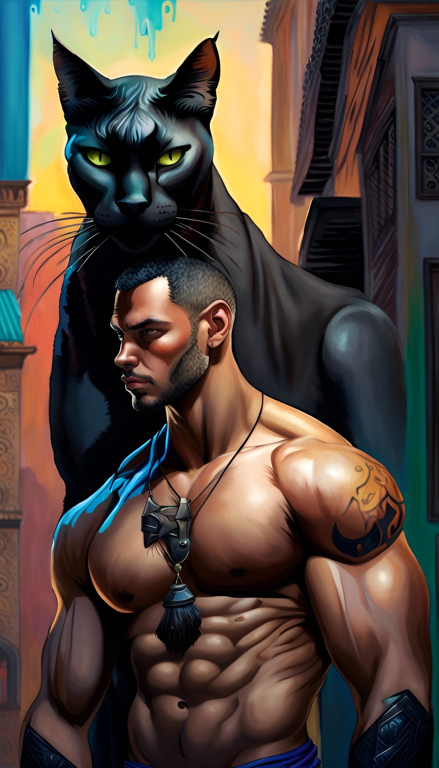 Hyperrealistic Man with Bastet Cat in Cityscape