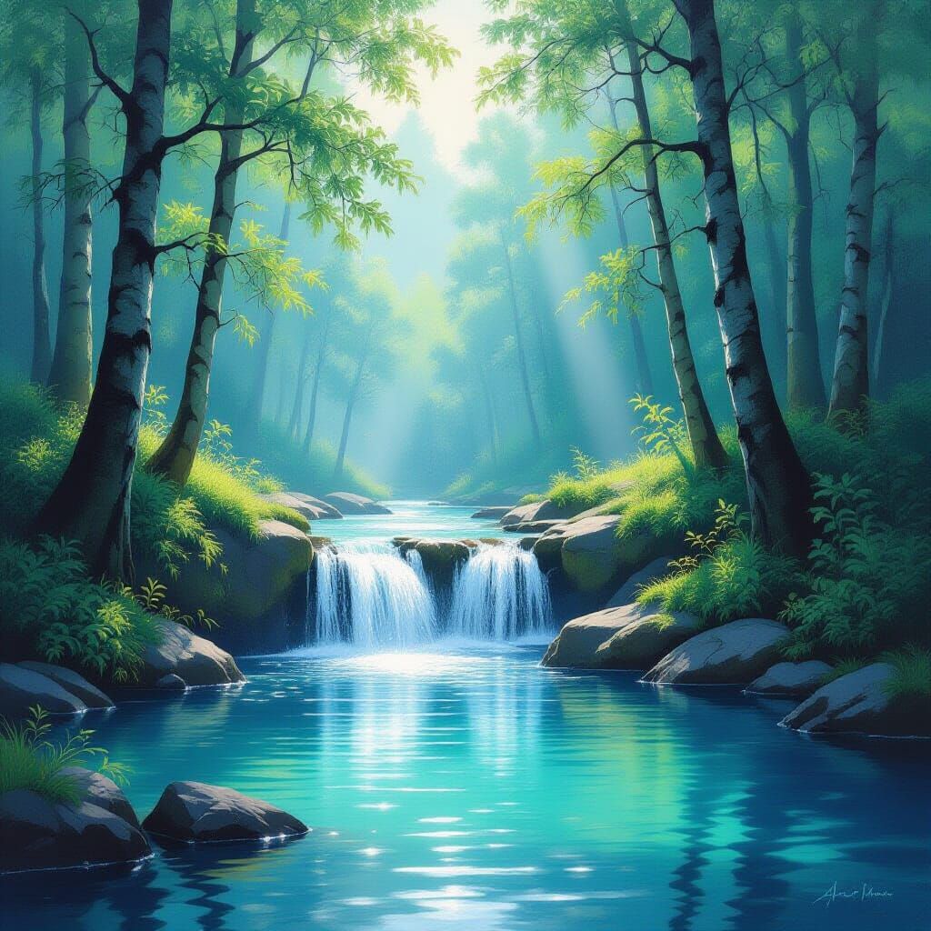 Serene Forest Clearing with Minimalist Waterfall