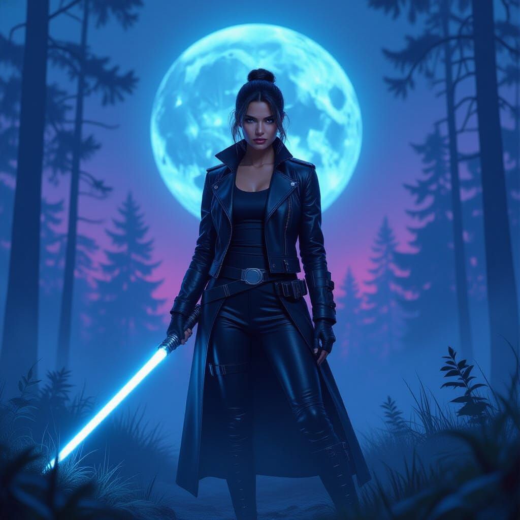 Neon Jedi Warrior in Misty Forest, Sci-Fi Art